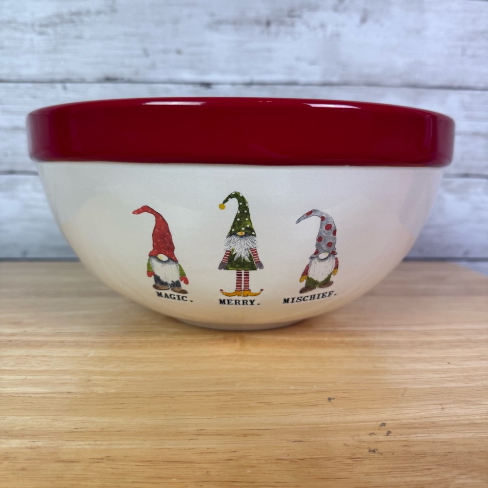 Rae Dunn Festive Gnome Bowl with Red Rim